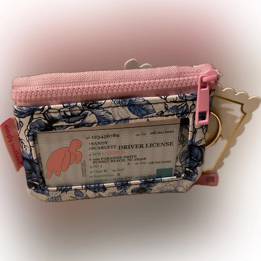 Simply Southern Blue Floral ID Holder with Duo Pink Zippers & outside pocket.